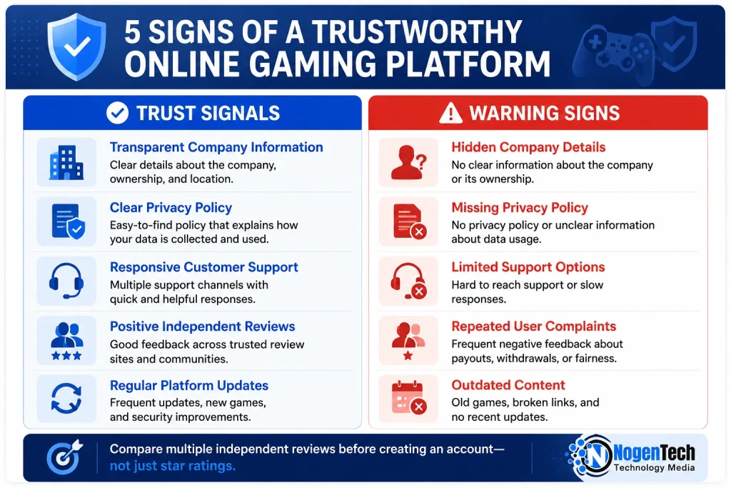 Infographic comparing trust signals and warning signs of an online gaming platform, including company transparency, privacy policy, customer support, independent reviews, platform updates, and common red flags.