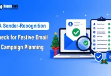Laptop displaying an email verification layout with a festive Christmas tree, magnifying glass, and authentication checklist with NogenTech branding.