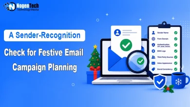 Laptop displaying an email verification layout with a festive Christmas tree, magnifying glass, and authentication checklist with NogenTech branding.