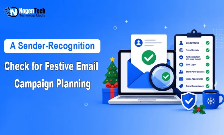 Laptop displaying an email verification layout with a festive Christmas tree, magnifying glass, and authentication checklist with NogenTech branding.