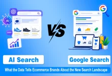 3D comparison graphic of AI search with chatbot icons versus traditional Google search results for e-commerce.