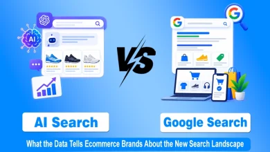 3D comparison graphic of AI search with chatbot icons versus traditional Google search results for e-commerce.