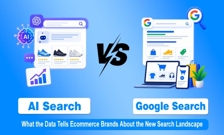 3D comparison graphic of AI search with chatbot icons versus traditional Google search results for e-commerce.