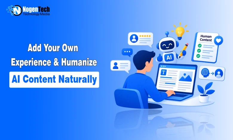Person writing on a laptop while collaborating with a helpful AI robot to refine human-written content with NogenTech branding.