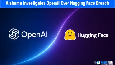 OpenAI and Hugging Face logos displayed side-by-side against a blue and purple background with NogenTech branding.
