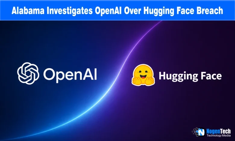OpenAI and Hugging Face logos displayed side-by-side against a blue and purple background with NogenTech branding.