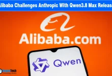 Smartphone displaying the Qwen logo held in front of an orange Alibaba background.