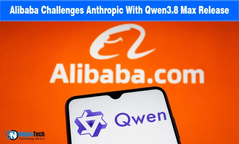 Smartphone displaying the Qwen logo held in front of an orange Alibaba background.