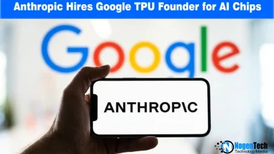Hand holding a phone with the Anthropic logo displayed in front of a Google logo background with NogenTech branding.