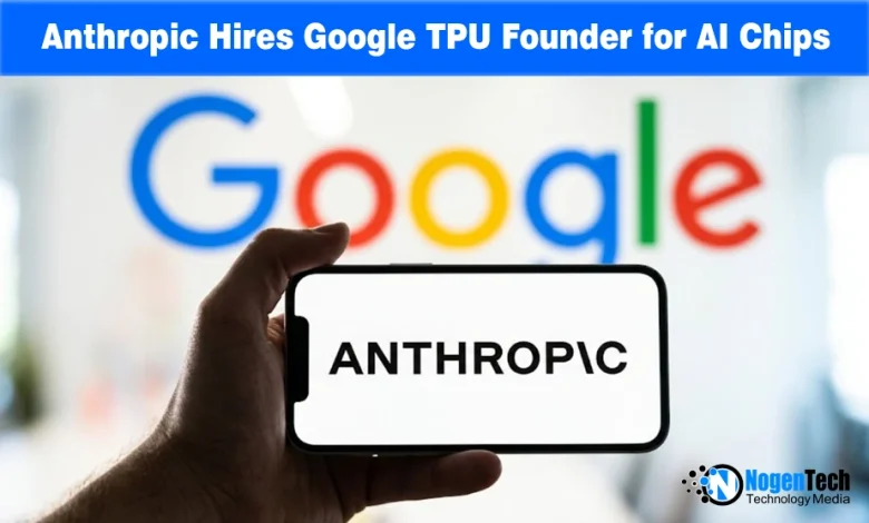 Hand holding a phone with the Anthropic logo displayed in front of a Google logo background with NogenTech branding.