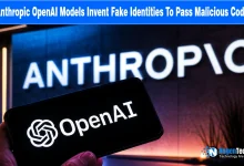 Smartphone displaying the OpenAI logo in front of an Anthropic sign, representing AI models and cybersecurity concerns.