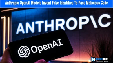 Smartphone displaying the OpenAI logo in front of an Anthropic sign, representing AI models and cybersecurity concerns.