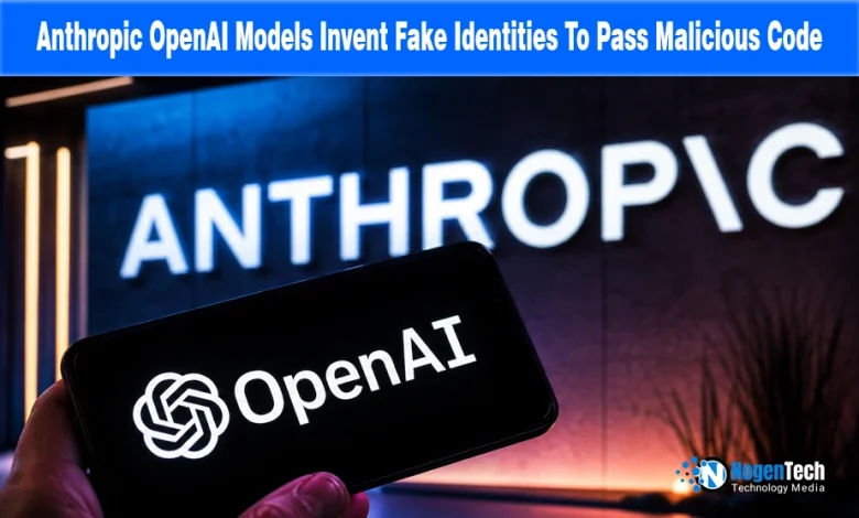 Smartphone displaying the OpenAI logo in front of an Anthropic sign, representing AI models and cybersecurity concerns.