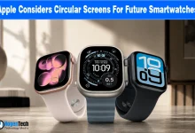 Three Apple Watches lined up on a surface displaying various watch faces.