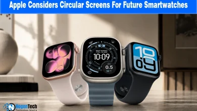 Three Apple Watches lined up on a surface displaying various watch faces.