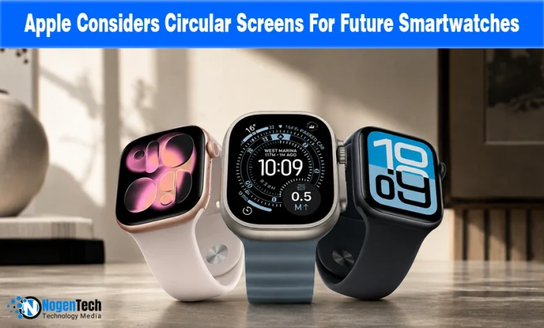 Three Apple Watches lined up on a surface displaying various watch faces.