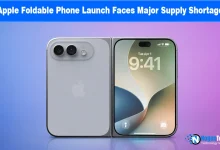 Conceptual rendering of a dual-screen foldable iPhone showing display and rear camera module with NogenTech branding.