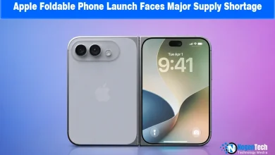 Conceptual rendering of a dual-screen foldable iPhone showing display and rear camera module with NogenTech branding.