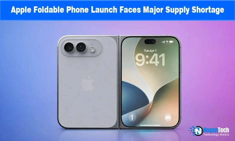 Conceptual rendering of a dual-screen foldable iPhone showing display and rear camera module with NogenTech branding.