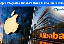 Split view of the glowing Apple logo store building alongside the Alibaba headquarters facade.