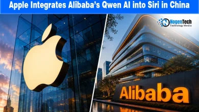 Split view of the glowing Apple logo store building alongside the Alibaba headquarters facade.