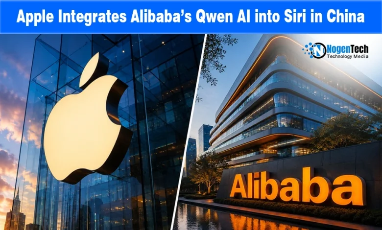 Split view of the glowing Apple logo store building alongside the Alibaba headquarters facade.