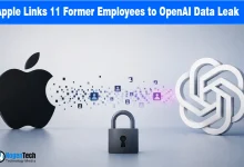 Illustration showing Apple and OpenAI logos connected by digital user icons with a padlock representing a data leak investigation.
