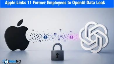 Illustration showing Apple and OpenAI logos connected by digital user icons with a padlock representing a data leak investigation.