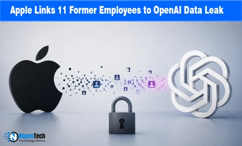 Illustration showing Apple and OpenAI logos connected by digital user icons with a padlock representing a data leak investigation.