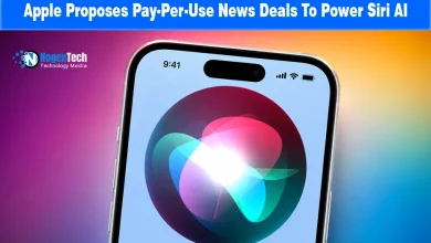 iPhone displaying the glowing Siri AI logo with NogenTech branding.