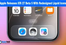 iPhone home screen displaying apps and liquid dock icons.