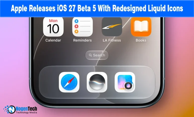 iPhone home screen displaying apps and liquid dock icons.