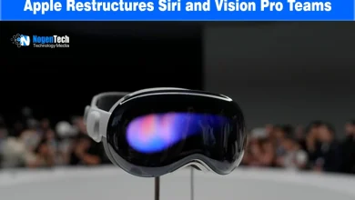 Front view of Apple Vision Pro headset on display with NogenTech branding.