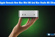Hand holding a compact aluminum Mac Studio desktop on a green gradient background with NogenTech branding.