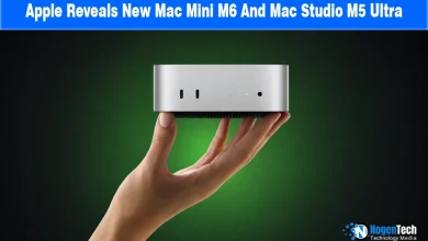 Hand holding a compact aluminum Mac Studio desktop on a green gradient background with NogenTech branding.