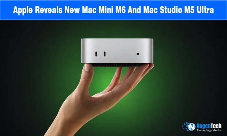 Hand holding a compact aluminum Mac Studio desktop on a green gradient background with NogenTech branding.