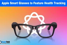 Black smart glasses with an Apple logo on the bridge in front of a white health flower icon.