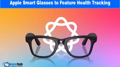 Black smart glasses with an Apple logo on the bridge in front of a white health flower icon.