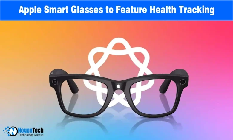 Black smart glasses with an Apple logo on the bridge in front of a white health flower icon.