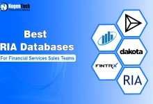 Infographic displaying logos of RIA databases including FINTRX and Dakota on hexagonal tiles with NogenTech branding.
