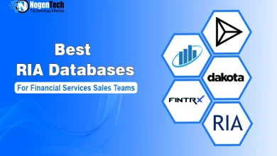 Infographic displaying logos of RIA databases including FINTRX and Dakota on hexagonal tiles with NogenTech branding.