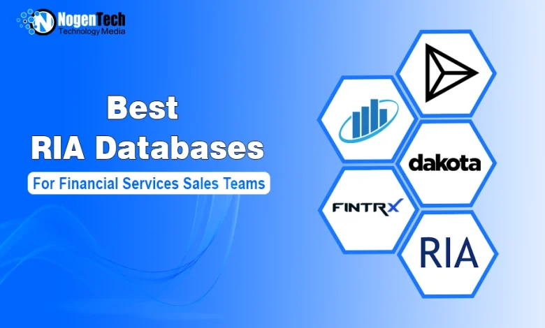 Infographic displaying logos of RIA databases including FINTRX and Dakota on hexagonal tiles with NogenTech branding.