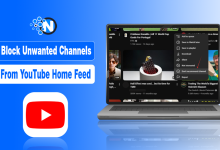 Laptop showing YouTube menu with red arrow pointing to Don't Recommend Channel option.
