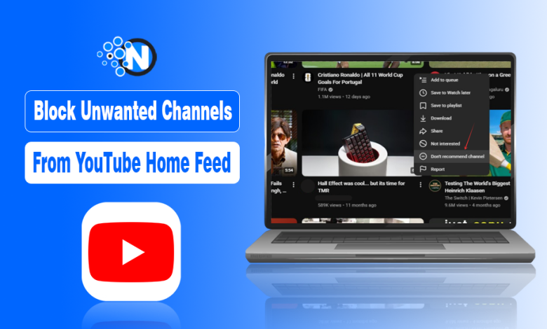 Laptop showing YouTube menu with red arrow pointing to Don't Recommend Channel option.
