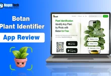 Laptop screen displaying the Botan app website alongside a cute potted plant graphic with NogenTech branding.