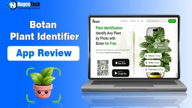 Laptop screen displaying the Botan app website alongside a cute potted plant graphic with NogenTech branding.