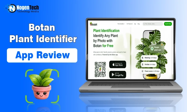 Laptop screen displaying the Botan app website alongside a cute potted plant graphic with NogenTech branding.