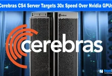 Cerebras Systems CS4 AI server hardware rack with Cerebras logo overlay and NogenTech branding.