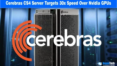 Cerebras Systems CS4 AI server hardware rack with Cerebras logo overlay and NogenTech branding.