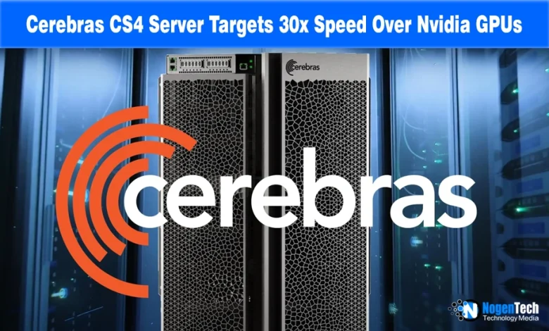 Cerebras Systems CS4 AI server hardware rack with Cerebras logo overlay and NogenTech branding.